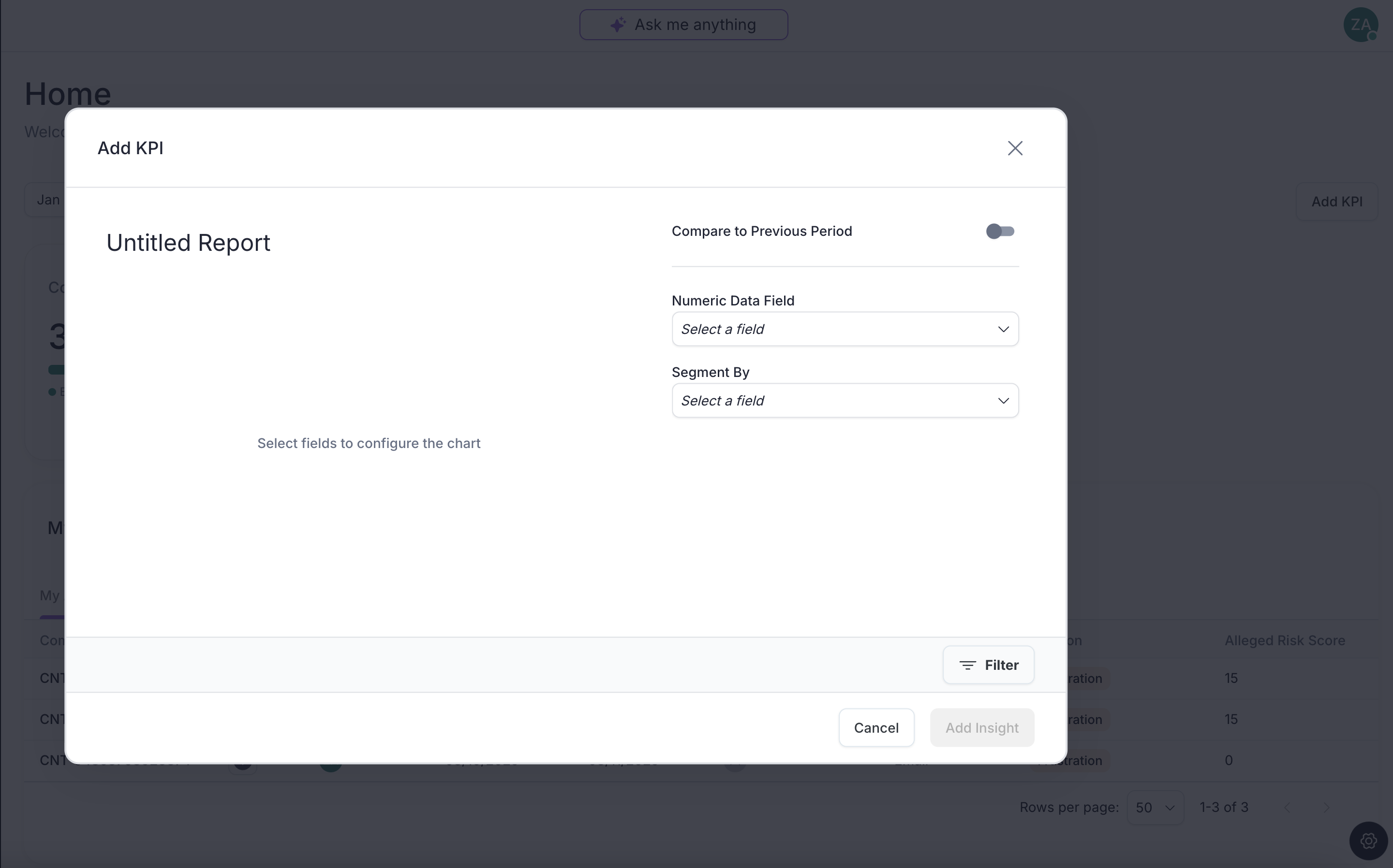 Add KPI modal showing workflow configuration options