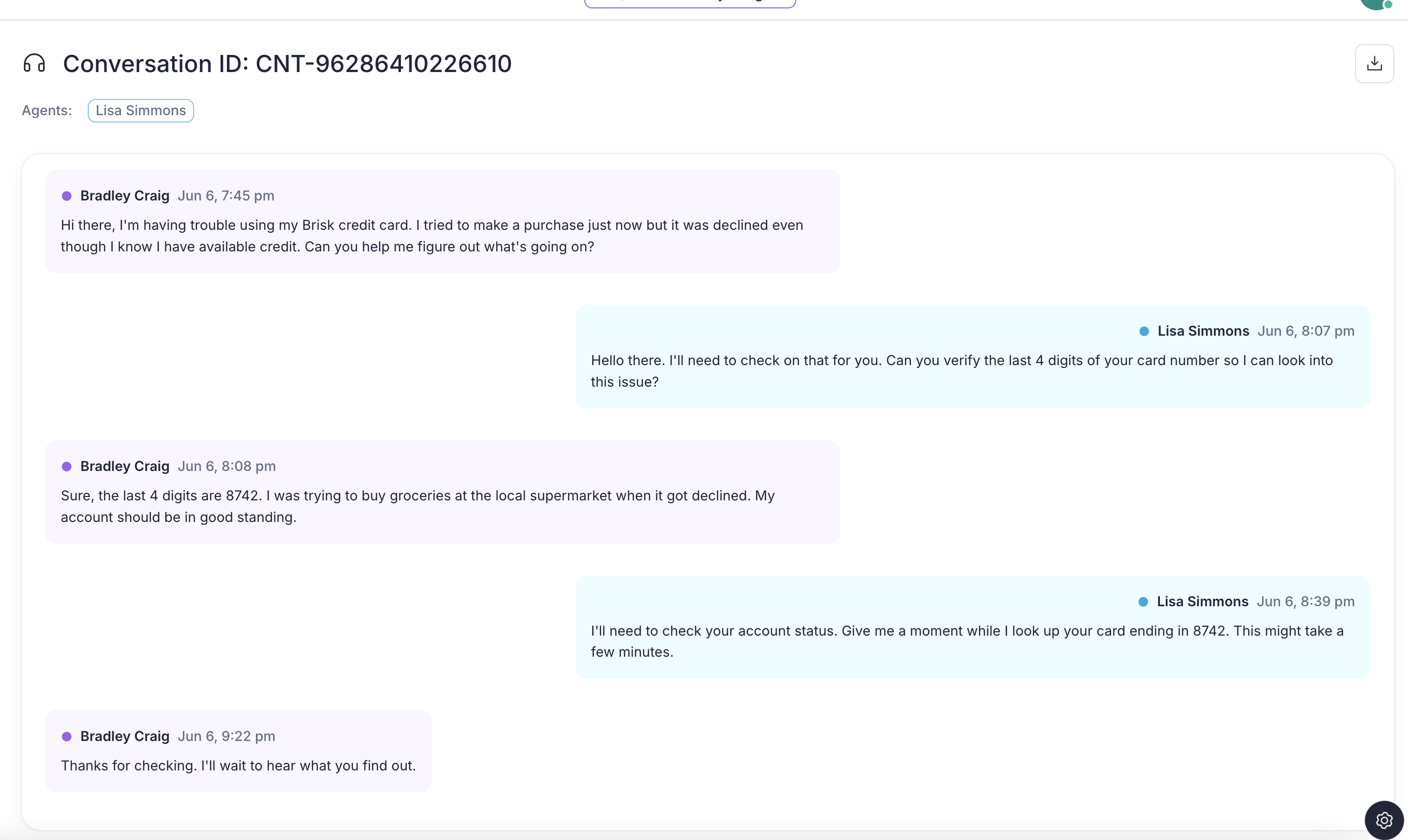 Chat conversation view showing customer support interaction with credit card issue