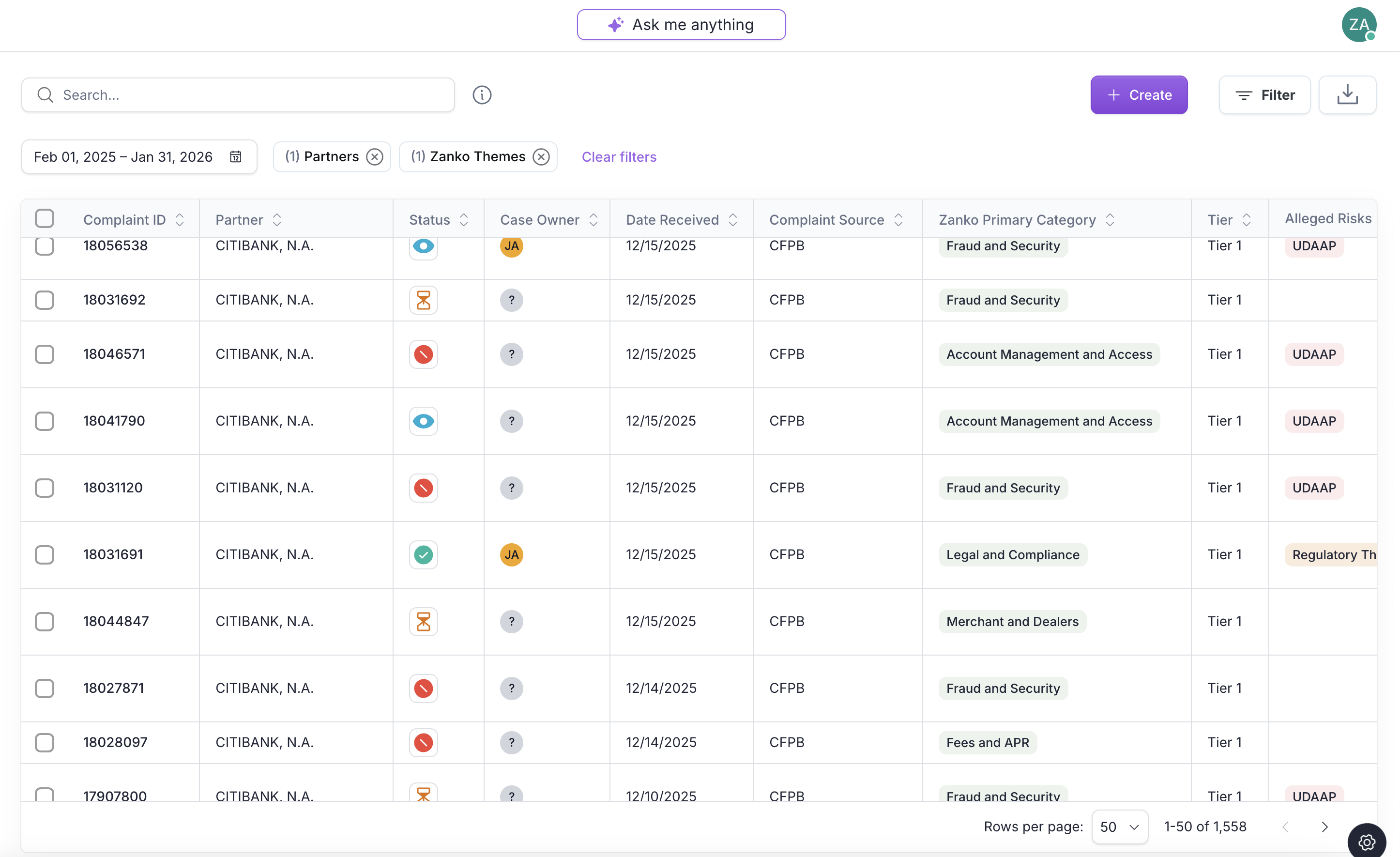Complaints list view with advanced filtering for compliance workflow management