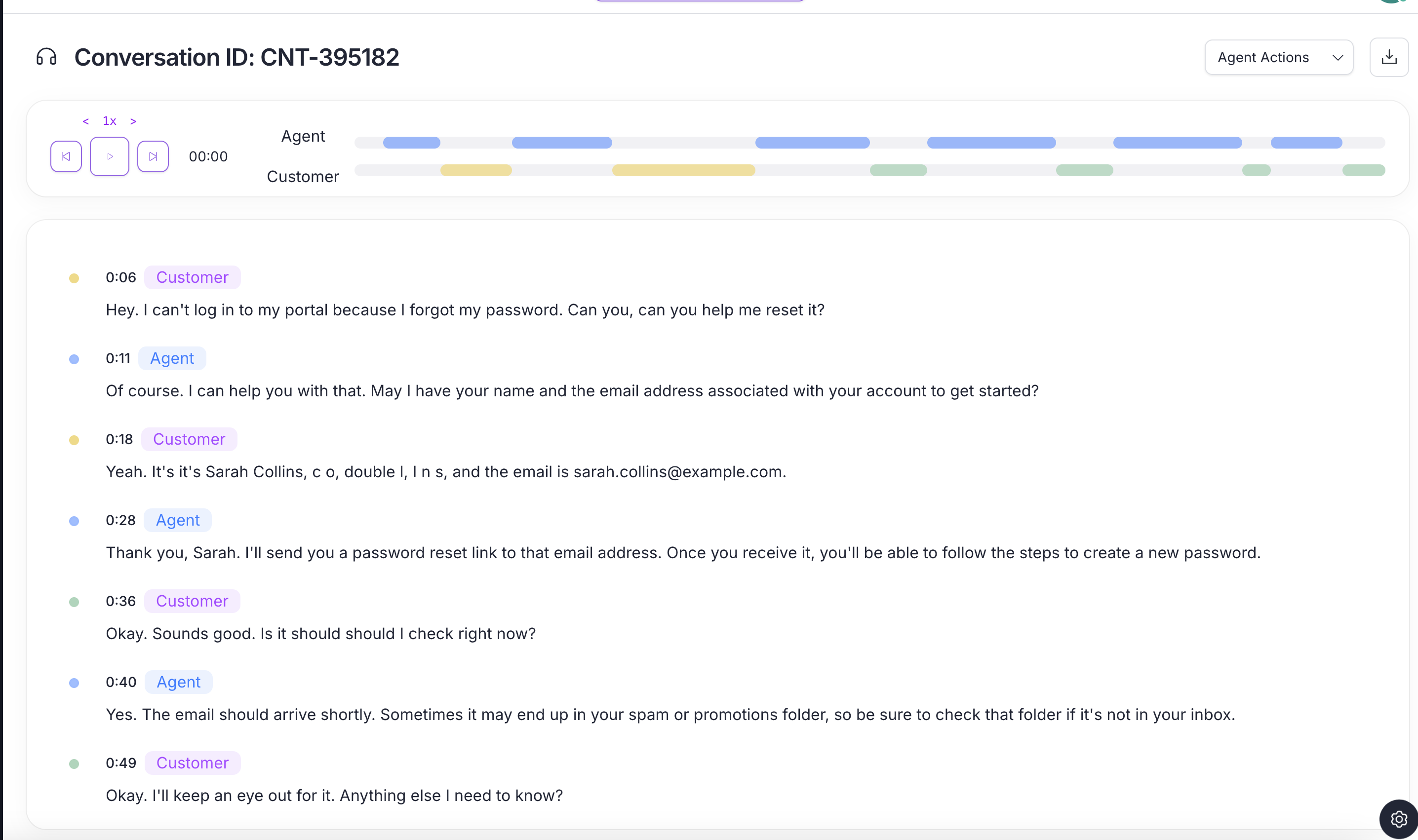 Voice call transcript with timeline visualization showing conversation intelligence processing